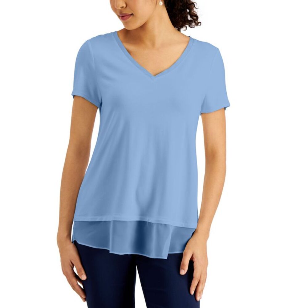 JM Collection V Neck Sheer Hem Top